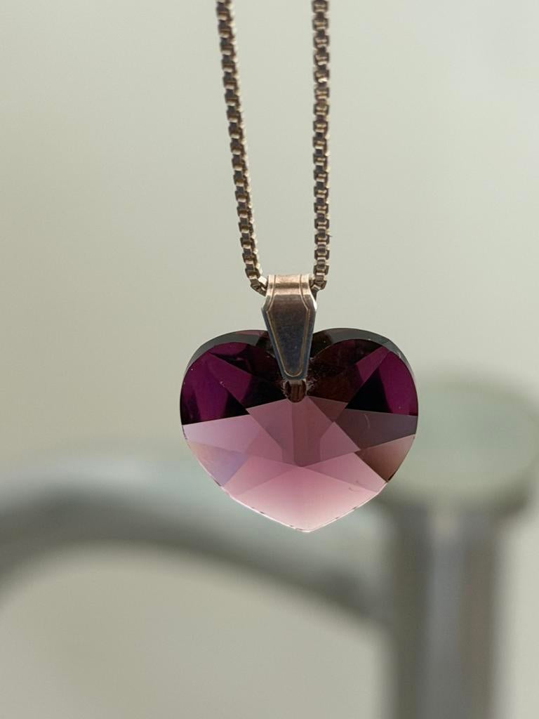 Zilveren ketting met kristallen hart, Ophalen of Verzenden, Gebruikt, Zilver