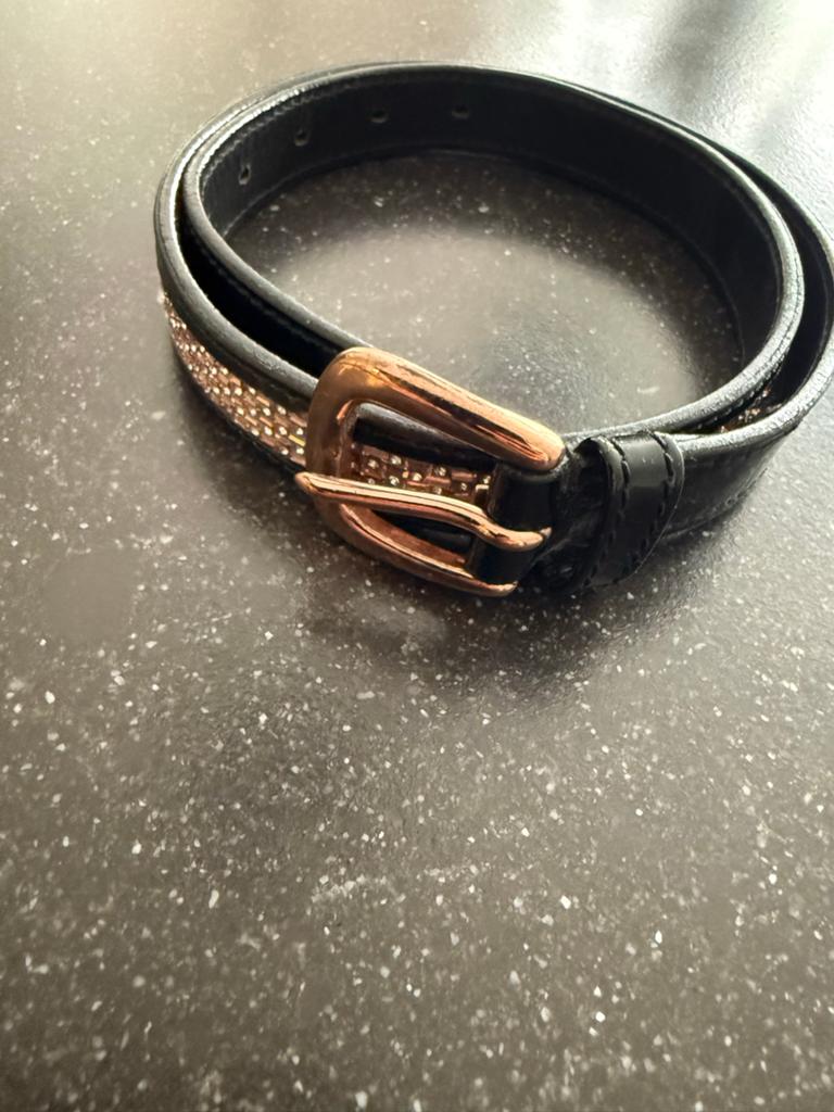 Zwarte riem met strass en roségouden gesp, maat 75, Minder dan 3 cm, Minder dan 80 cm, Zwart, Tailleriem