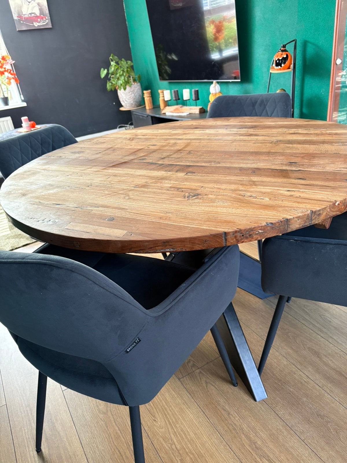 Mangohouten eettafel + 4 stoelen, Ophalen, Zo goed als nieuw, Rond, 100 tot 150 cm