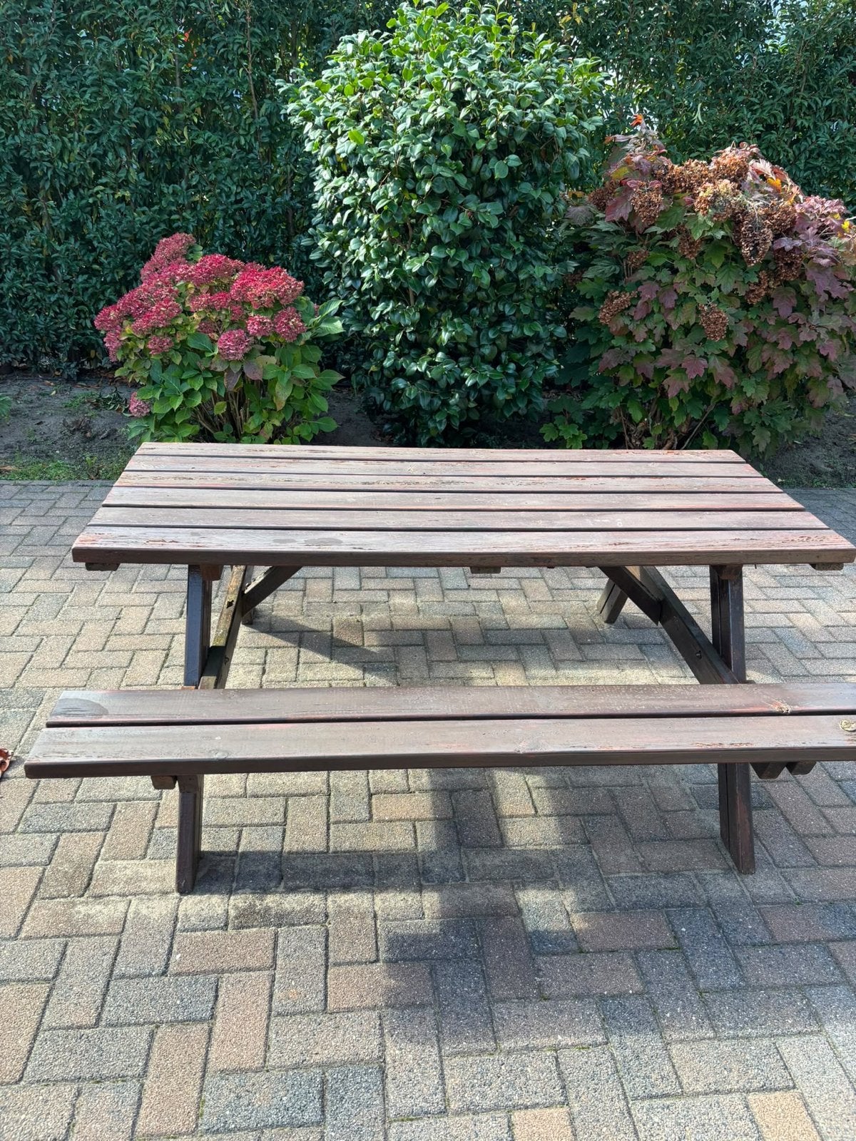 Robuuste houten picknicktafel voor buiten, Ophalen of Verzenden, Gebruikt, Rechthoekig, Hout