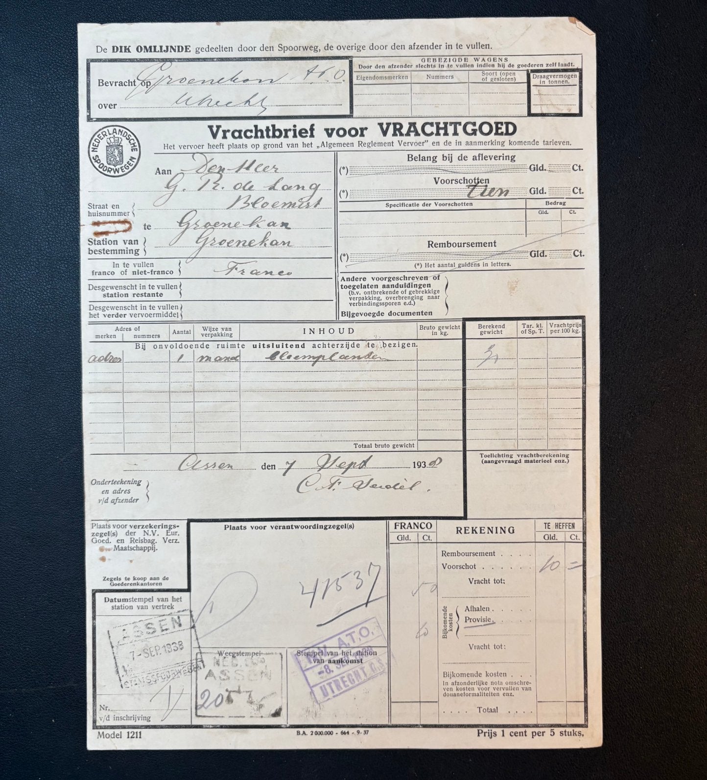 Vrachtbrief bloemplanten van Assen naar Groenekan (1938), Ophalen of Verzenden, Gebruikt, Trein