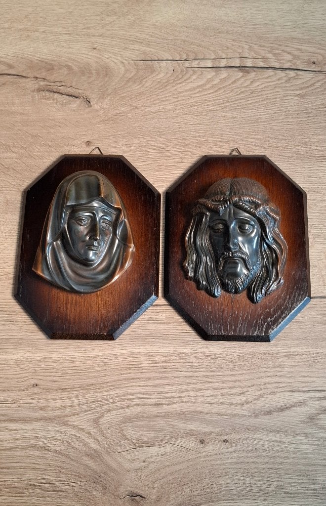 Vintage religieuze wandplaquettes Maria en Christus, metaal, Ophalen of Verzenden