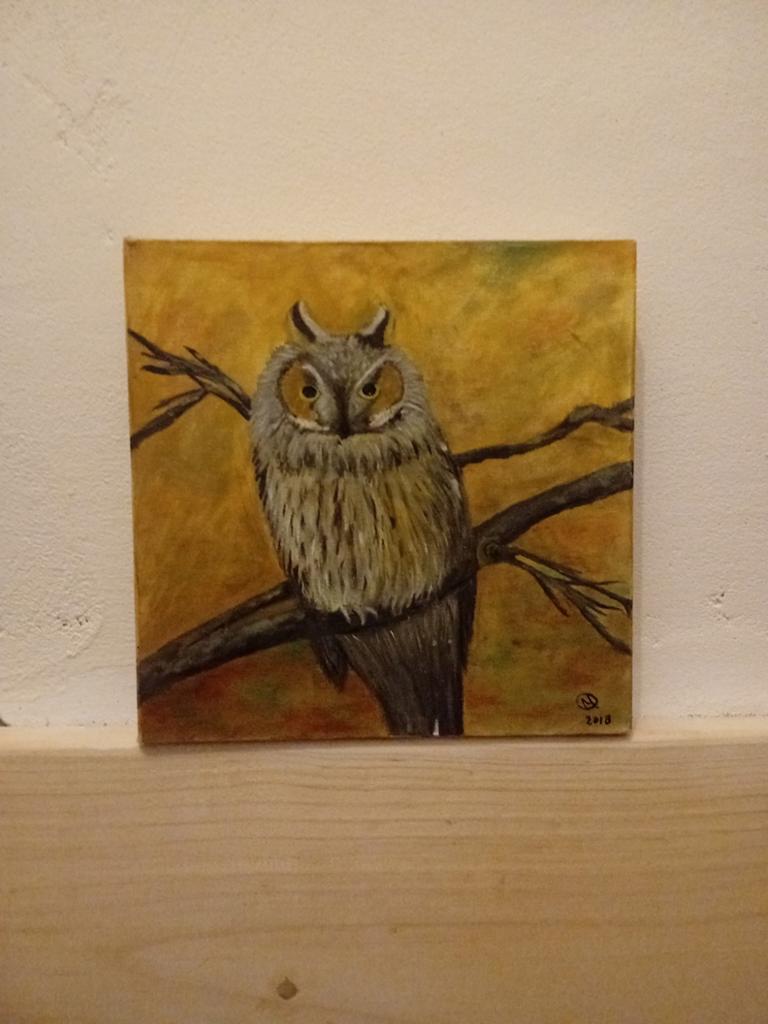 Schilderij met uil op tak, handgeschilderd, Antiek en Kunst, Ophalen of Verzenden