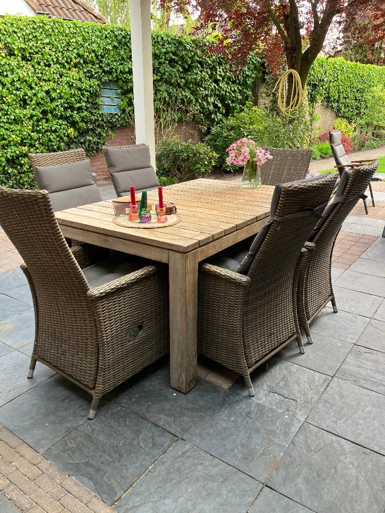 Tuinset houten verstelbare tafel met 6 elegante stoelen, Ophalen, Gebruikt, 6 zitplaatsen, Tuinset