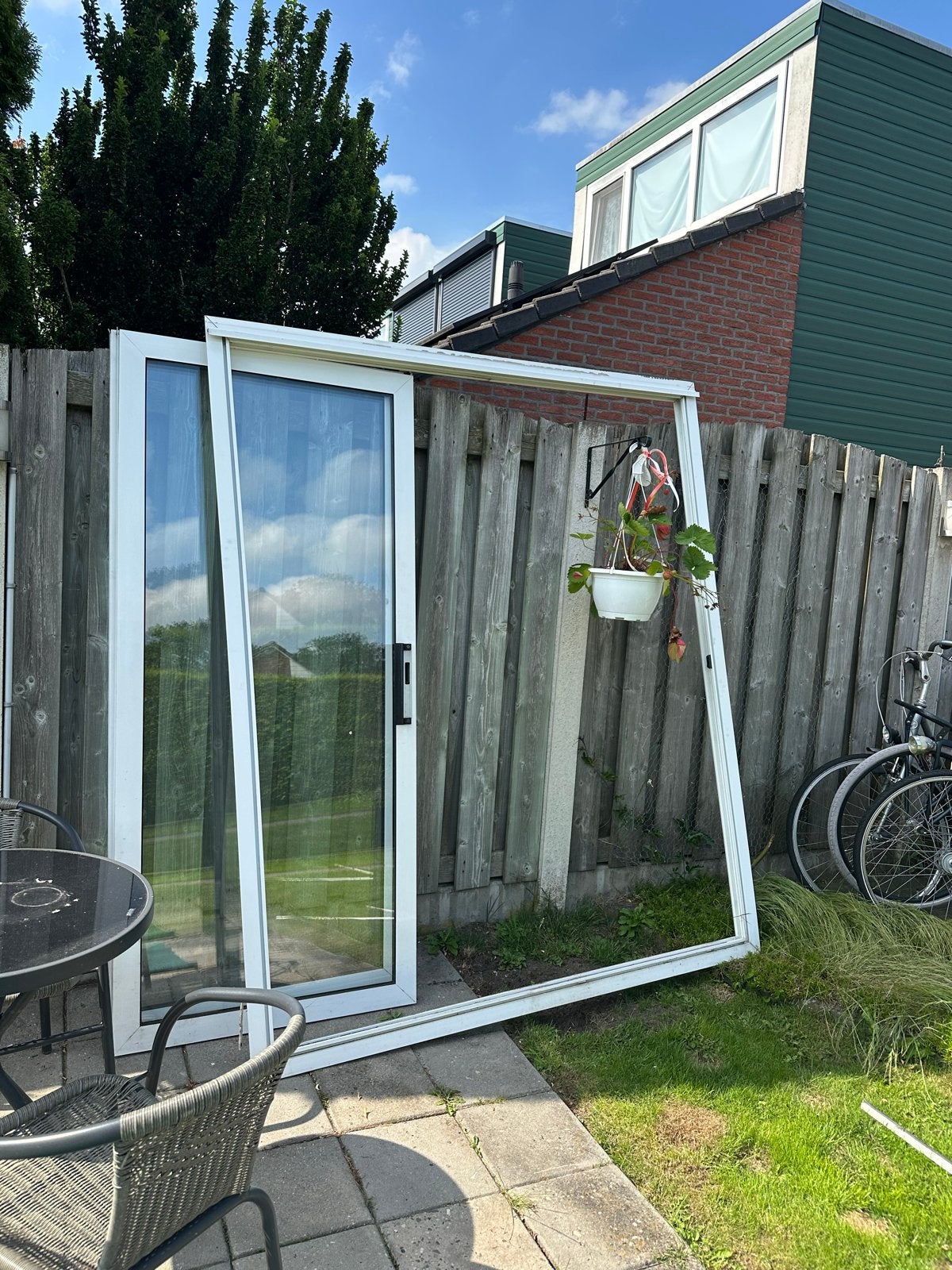 Witte kunststof schuifpui met dubbel glas, Ophalen, Kunststof, Gebruikt, 120 cm of meer