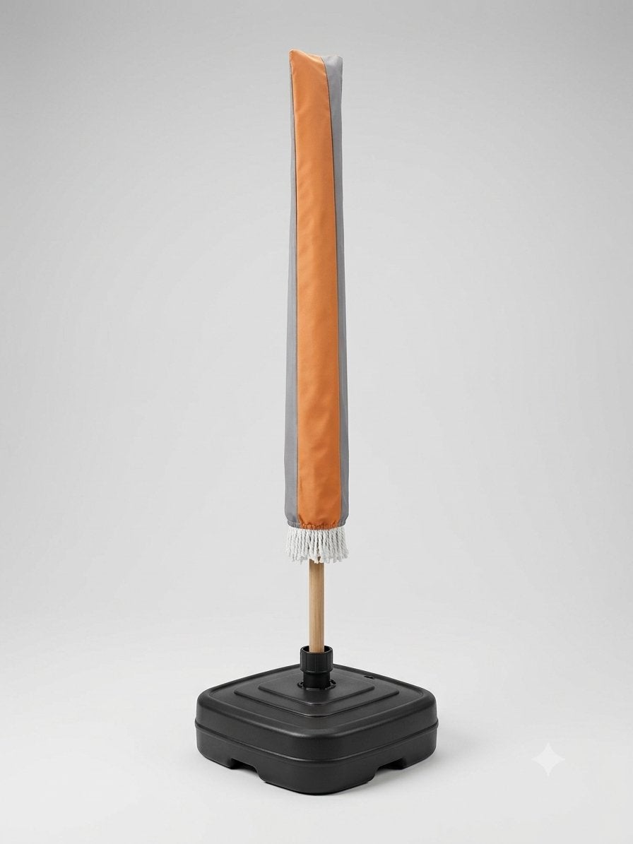 Stokparasol oranje/grijs met franjes en parasolvoet, Ophalen, Gebruikt, 1 tot 2 meter, Stokparasol