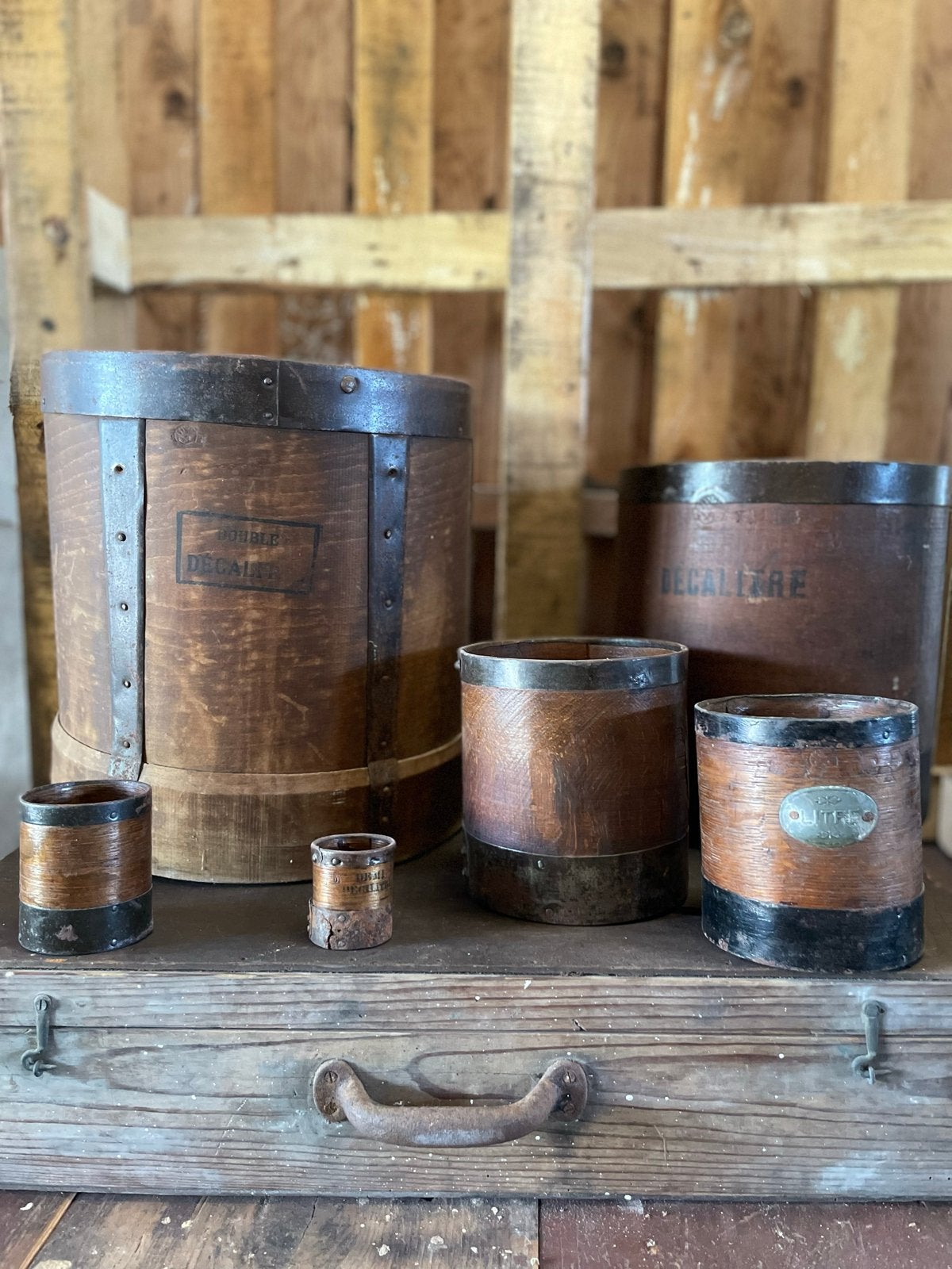 Antieke houten maatbekers set - Decalitre, Ophalen