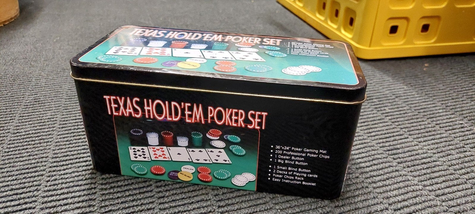 Texas Hold'em Poker Set in blikken doos, Vijf spelers of meer, Ophalen of Verzenden, Gebruikt, Onbekend