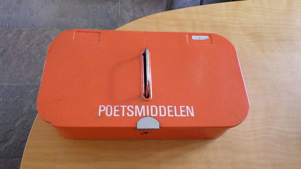 mooie oranje retro schoenpoets doos, Verzamelen, Ophalen of Verzenden, Overige typen