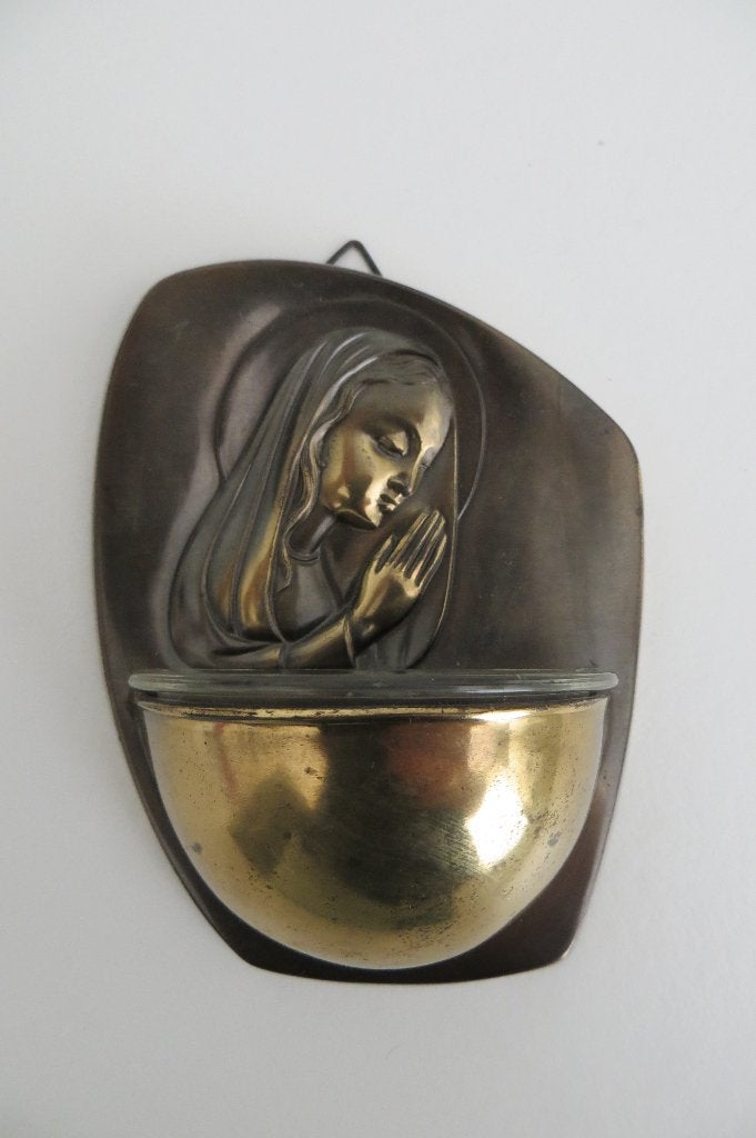 Oud asymmetrisch wijwatervat, met Maria afgebeeld, metaal,, Antiek en Kunst, Ophalen of Verzenden