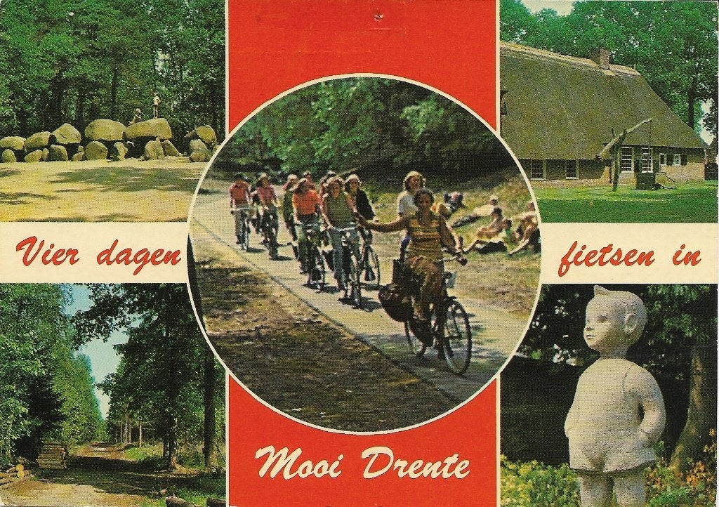 Ansichtkaart  	Drenthe	Fietsen	5-luik	Hunebed / Bartje, Verzenden, 1960 tot 1980, Gelopen, Drenthe
