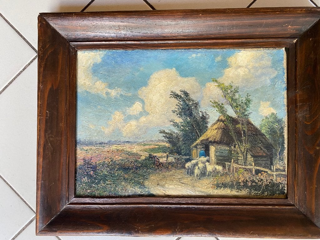 Schilderij P.N. Balvers, heidelandschap met schaapskooi, Antiek en Kunst, Kunst | Schilderijen | Klassiek, Nederlandse school