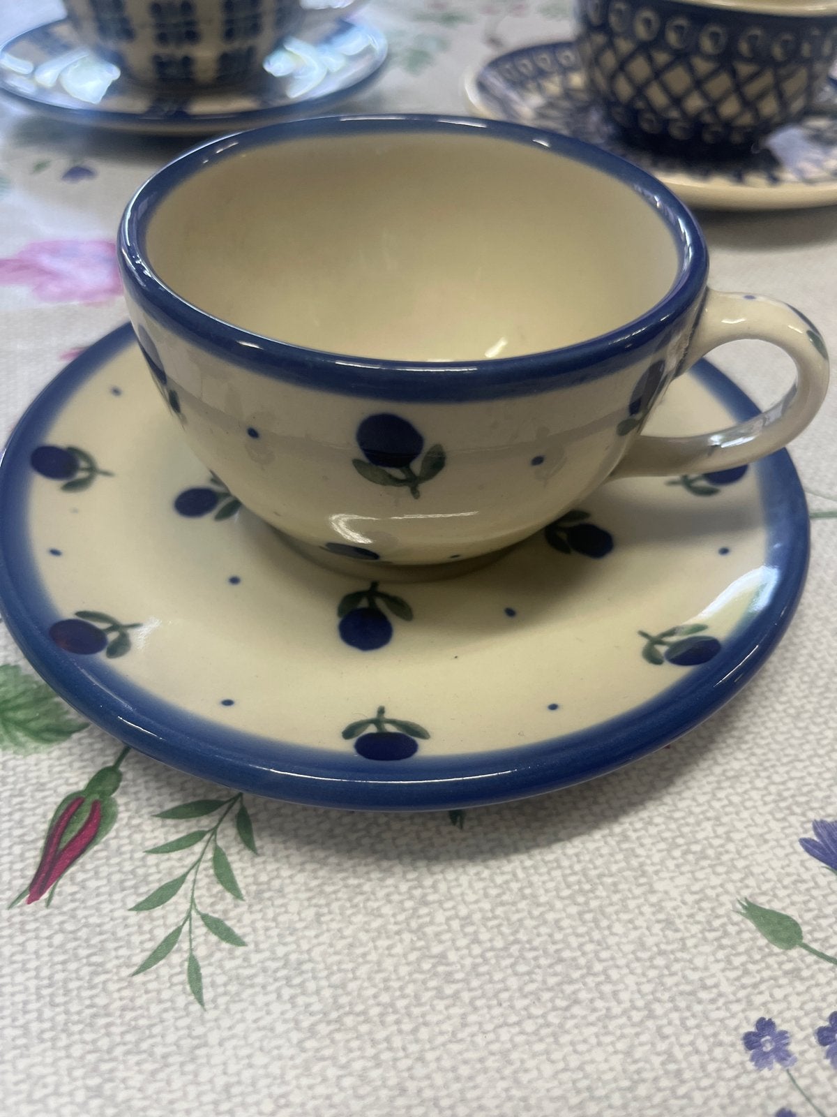 Bunzlau kop en schotel met blauwe bessen decor, Ophalen of Verzenden