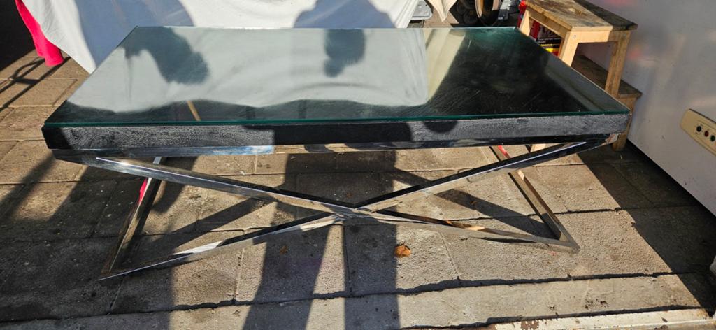 Vissengraat salon tafel, Ophalen, Glas, 100 tot 150 cm, 50 tot 75 cm