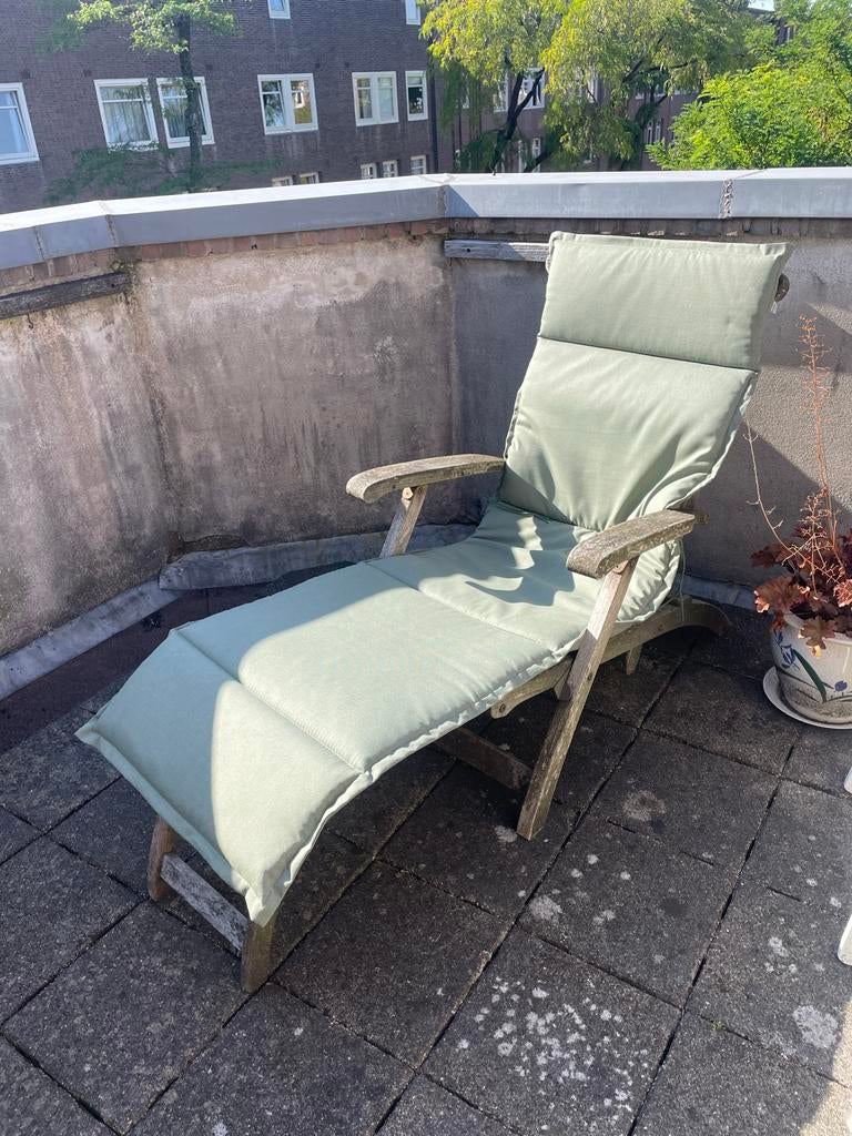 Houten tuin ligstoel met voetensteun incl ligkussen, Ophalen, Gebruikt, Hout, Verstelbaar