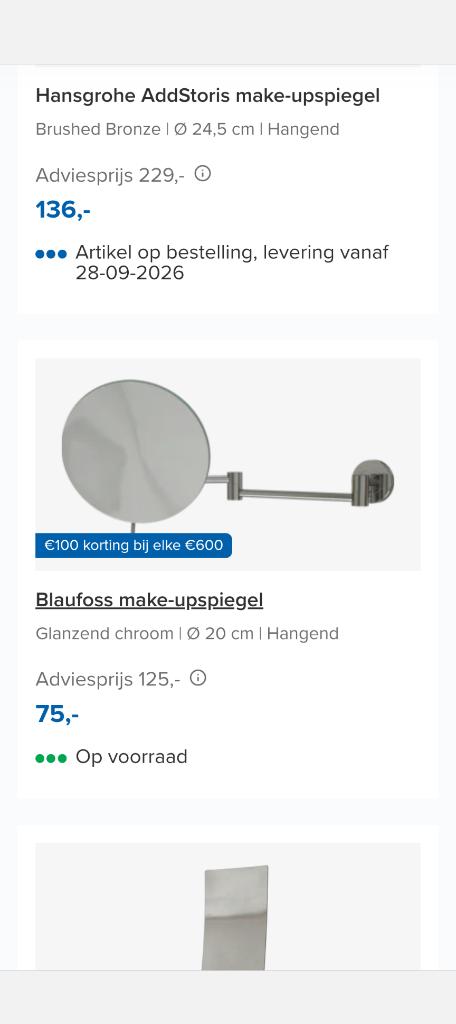 Make- up spiegel met wandbevestiging. Chroom. Blaufoss, Ophalen, Minder dan 50 cm, Overige typen, Nieuw