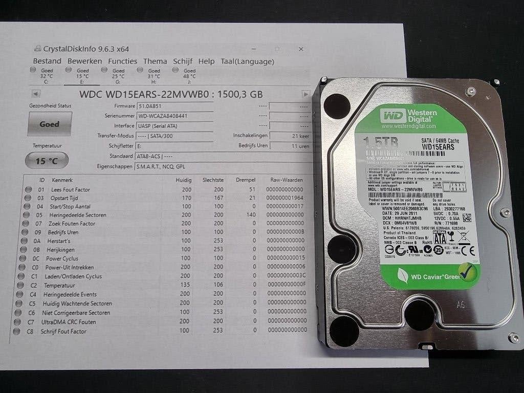 HDD 1.5 TB Western Digital 3.5 inch 11 draaiuren met rapport, 1,5TB (1500GB), HDD, Zo goed als nieuw, Desktop