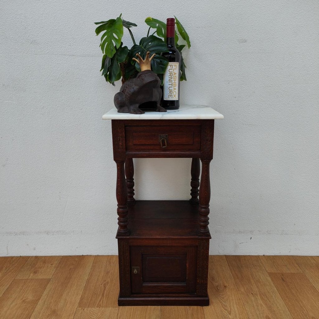 Vintage Antiek nachtkastje bijzetkastje met marmer blad 301, Valkenswaard, Gebruikt, Minder dan 45 cm, Info@flashbackfurniture.nl
