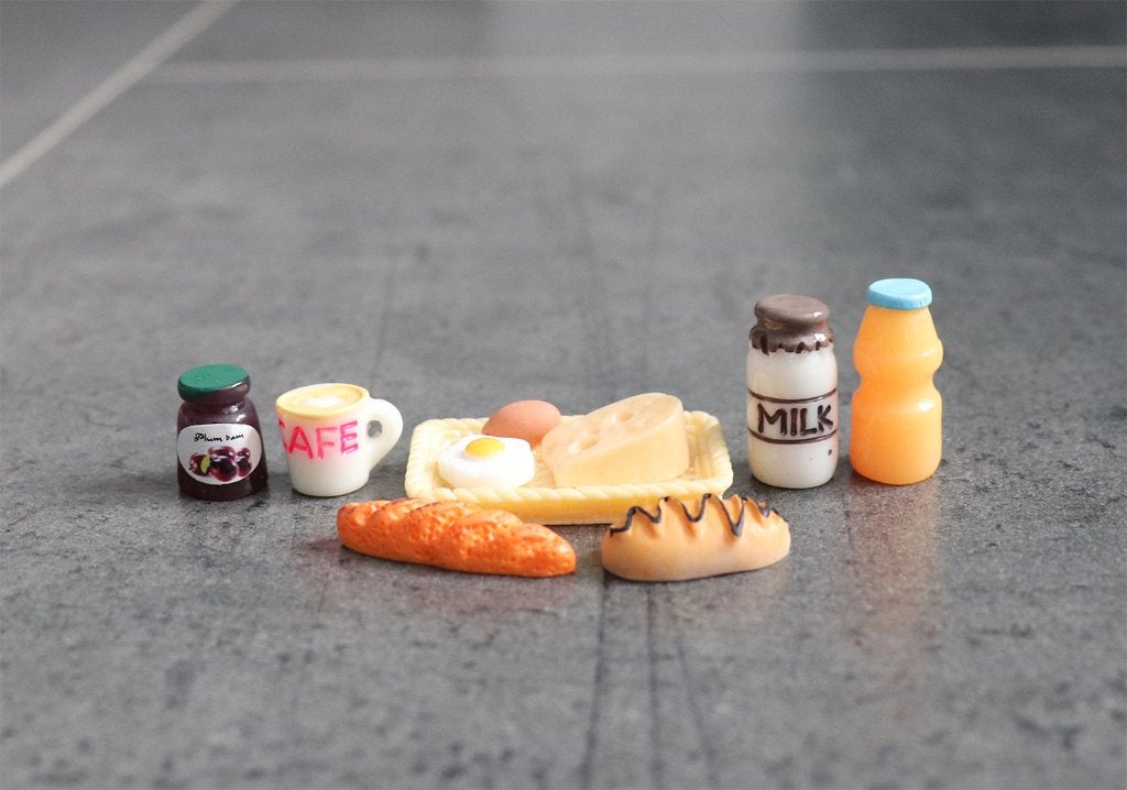 Koffie melk sap jam kaas ei brood miniatuur nieuw 1:12 Blauw, Ophalen of Verzenden, Nieuw, Decoratie