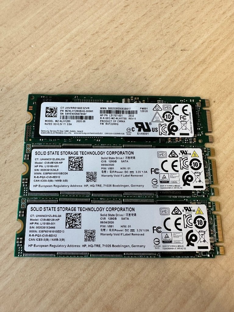 3 x HP 128 GB SATA SSD M.2, Computers en Software, Harde schijven, Intern, HP Hewlett Packard, Gebruikt, 128 GB