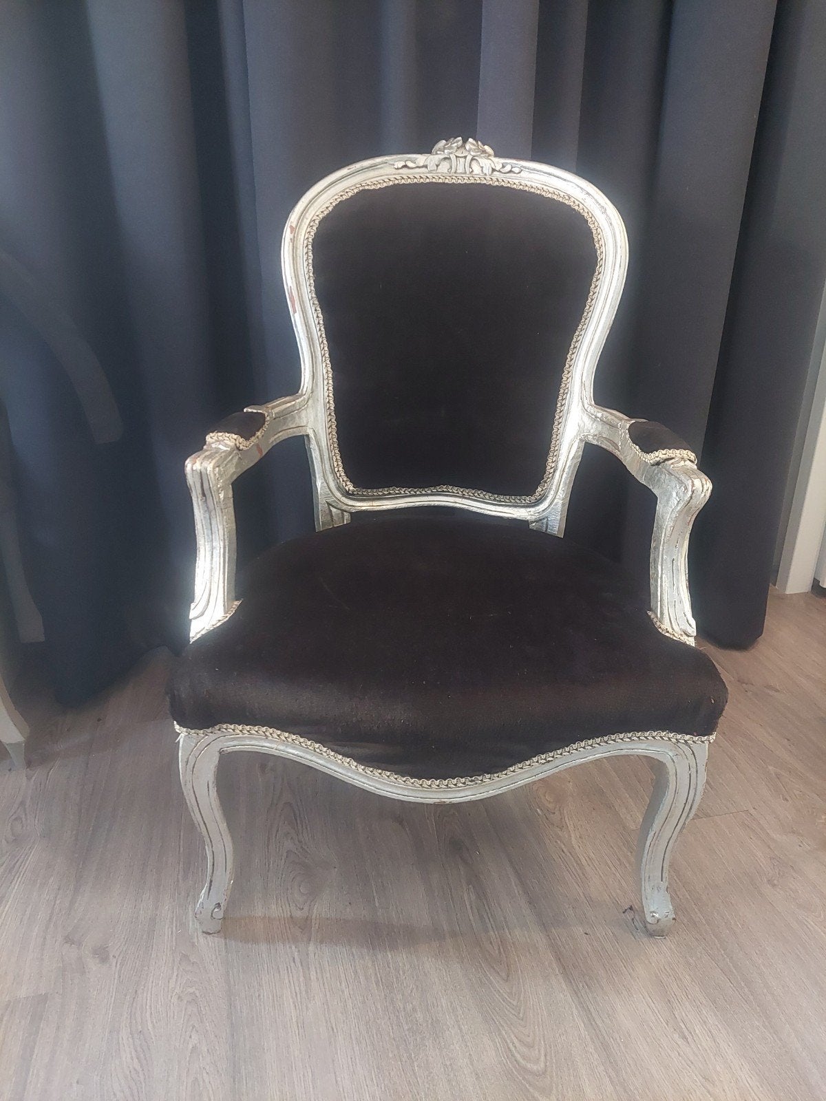 Antieke Barok Fauteuil - Zwart Fluweel & Zilveren Frame, Antiek en Kunst, Ophalen of Verzenden
