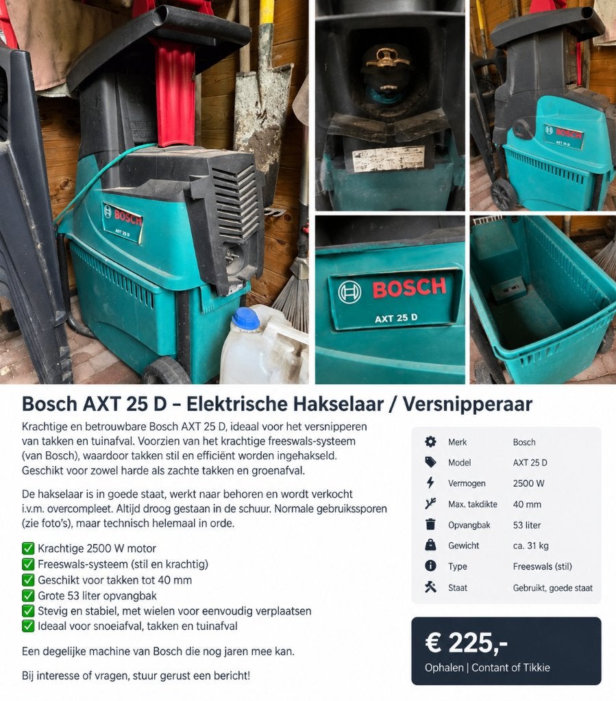 Bosch AXT 25D 2500w hakselaar/versnipperaar, Tuin en Terras, Ophalen, Gebruikt, Met opvangbak, Bosch