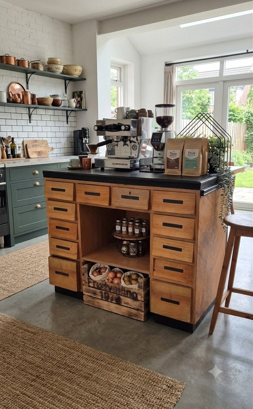 Vintage Houten Keuken Eiland / Toonbank met Lades, Huis en Inrichting, Keuken | Keukenelementen, 2033 NJ, Gebruikt, Info@vinragefabriek.com