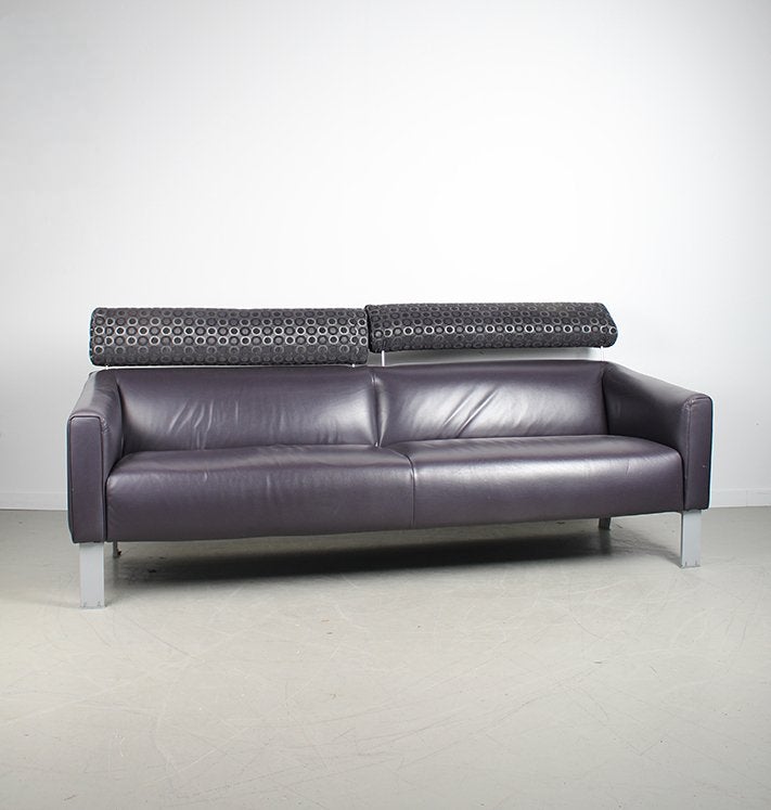 1x Leolux Patachou Bank + Hocker Paars Leer, Niet ingevuld, Gebruikt, 150 tot 200 cm, Niet ingevuld