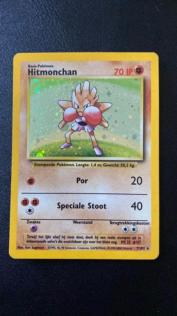 Pokemon hitmonchan 7/102 holo base set nederlands, Ophalen of Verzenden, Gebruikt, Losse kaart