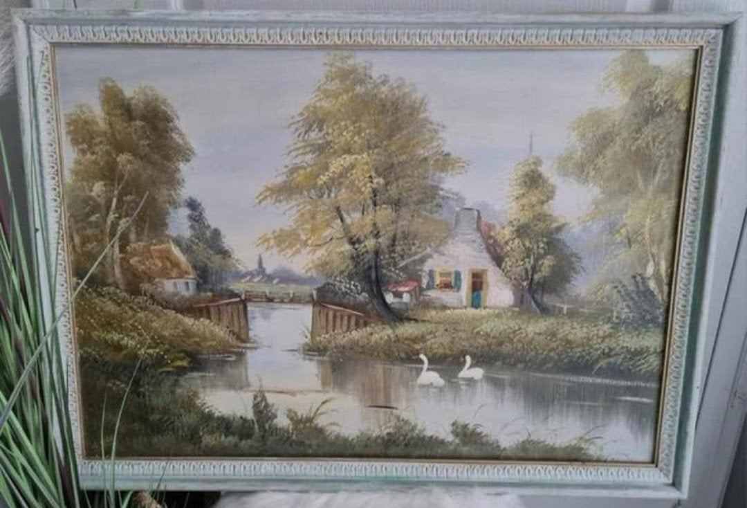 Landelijk olieverf schilderij in houten lijst, Ophalen