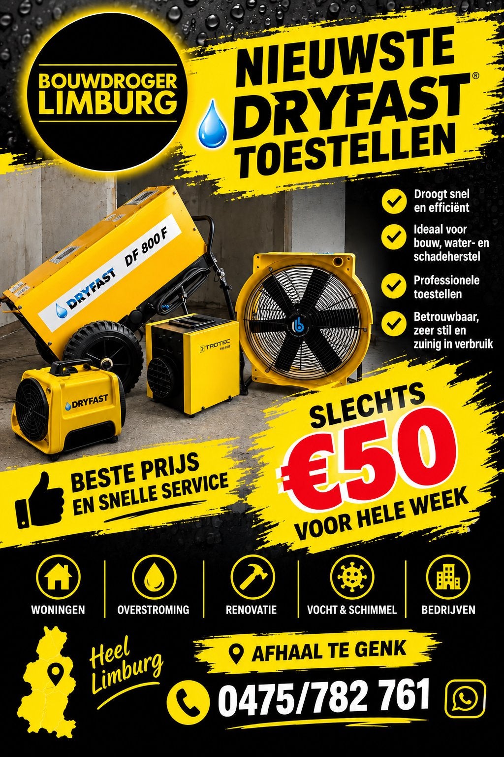Bouwdrogerverhuur, beste prijs ,snelle service ,  nieuw, Doe-het-zelf en Verbouw, Ophalen, Zo goed als nieuw