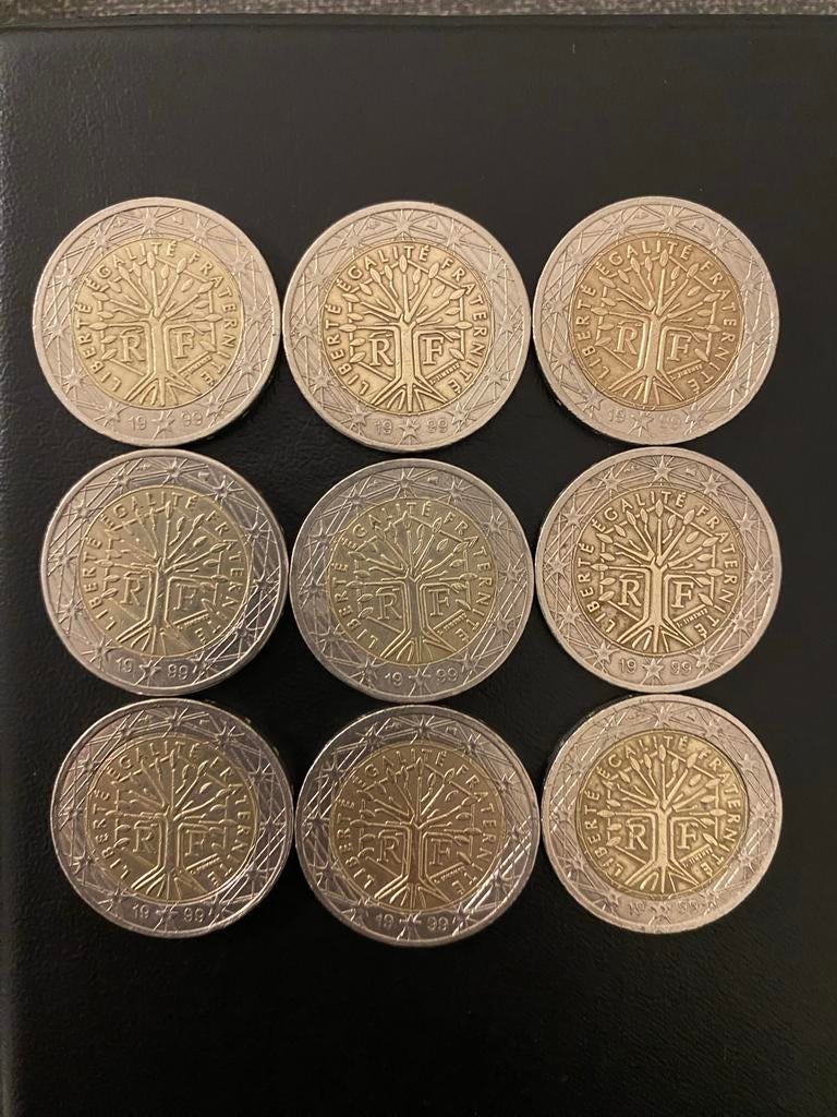 9x Franse 2 Euro munten 1999 - Liberté Égalité Fraternité, Postzegels en Munten, Munten | Europa | Euromunten, Ophalen, Frankrijk