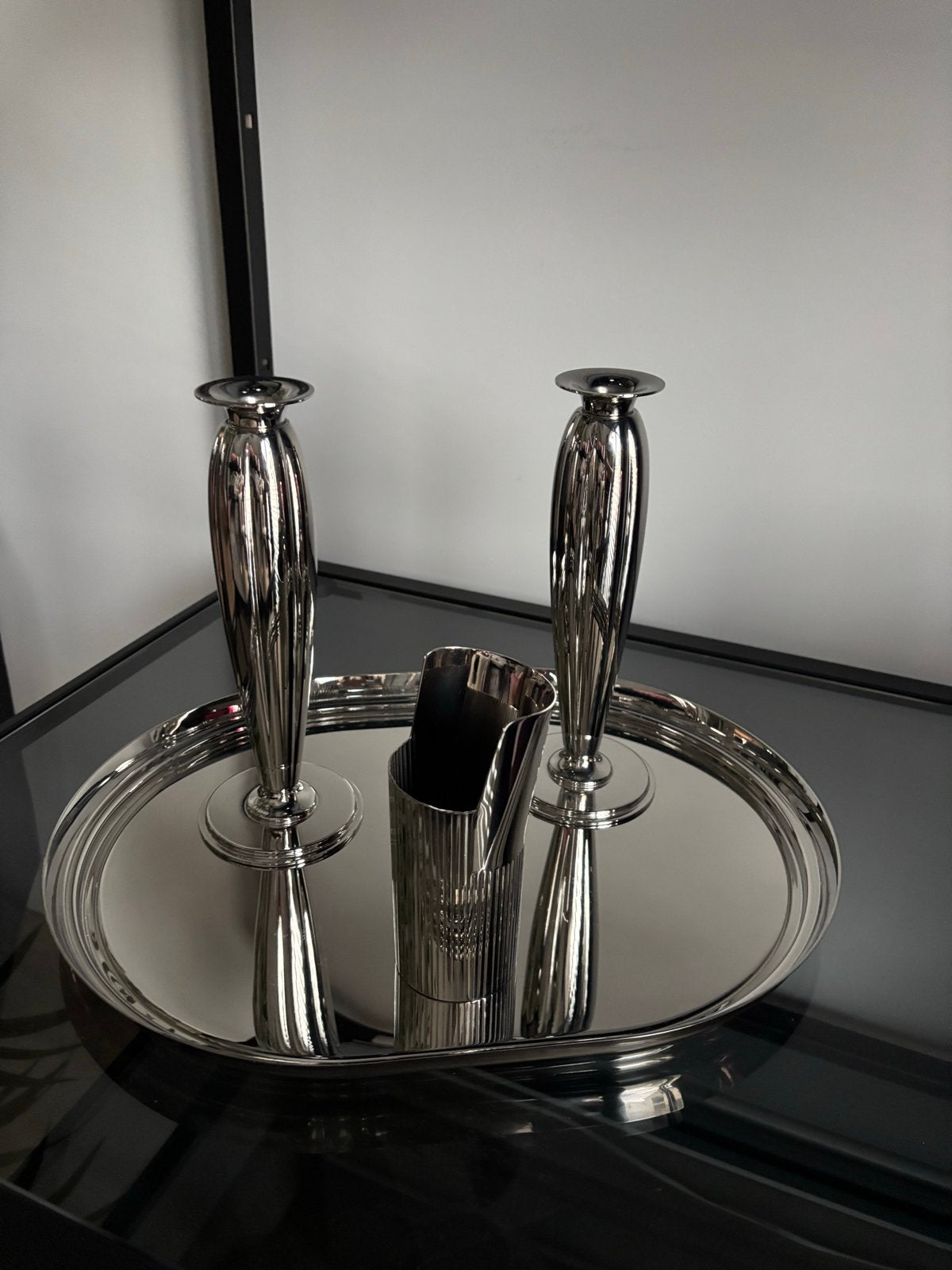 Georg Jensen Art Deco Dienblad met Kandelaars en Vaas, Ophalen of Verzenden, Metaal