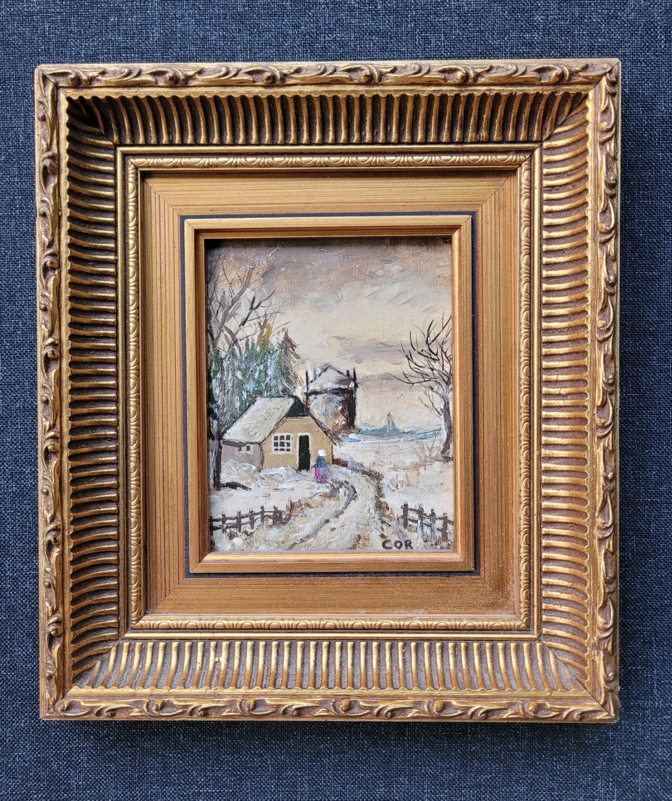 Wintergezicht op paneeltje in puntgave goudkleurige lijst, Paneel, Ophalen of Verzenden, Olieverf, Klassiek