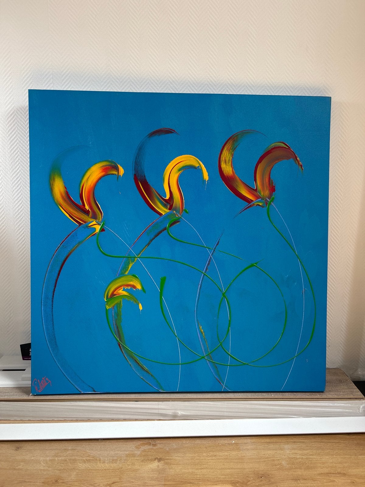 Modern Blauw Schilderij met Abstracte Bloemen 100x100cm, Antiek en Kunst, Ophalen