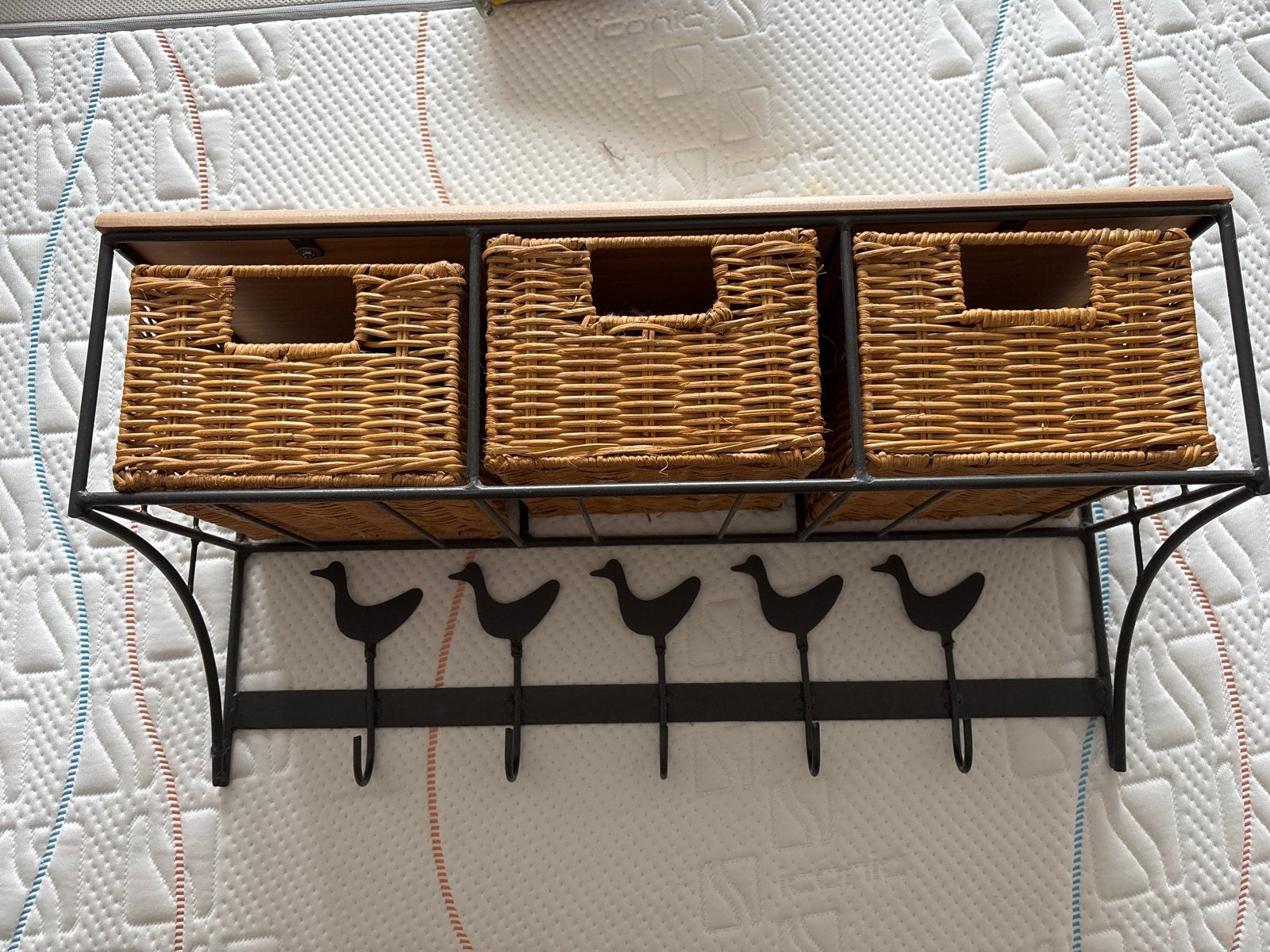 Wandkapstok met rieten mandjes en vogelhaken, Gebruikt, Minder dan 100 cm, Metaal, Ophalen