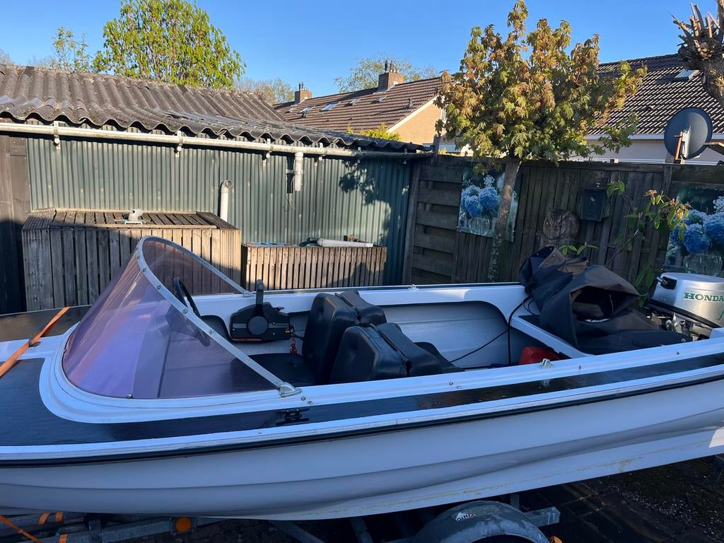 Placom boot met Honda 4-takt 8 pk motor en trailer, Ophalen, Gebruikt, Minder dan 70 pk, 3 tot 6 meter