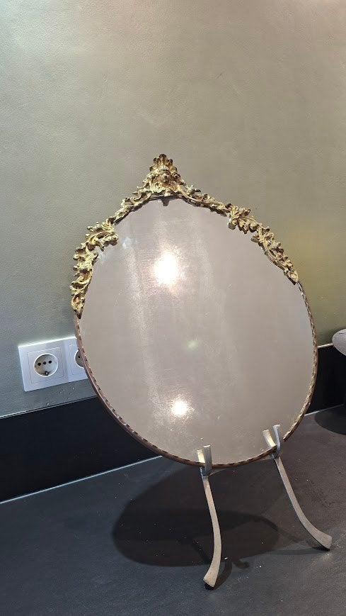 Antieke ovale hang spiegel met gouden rand, Ophalen, Ovaal, Minder dan 50 cm, Minder dan 100 cm
