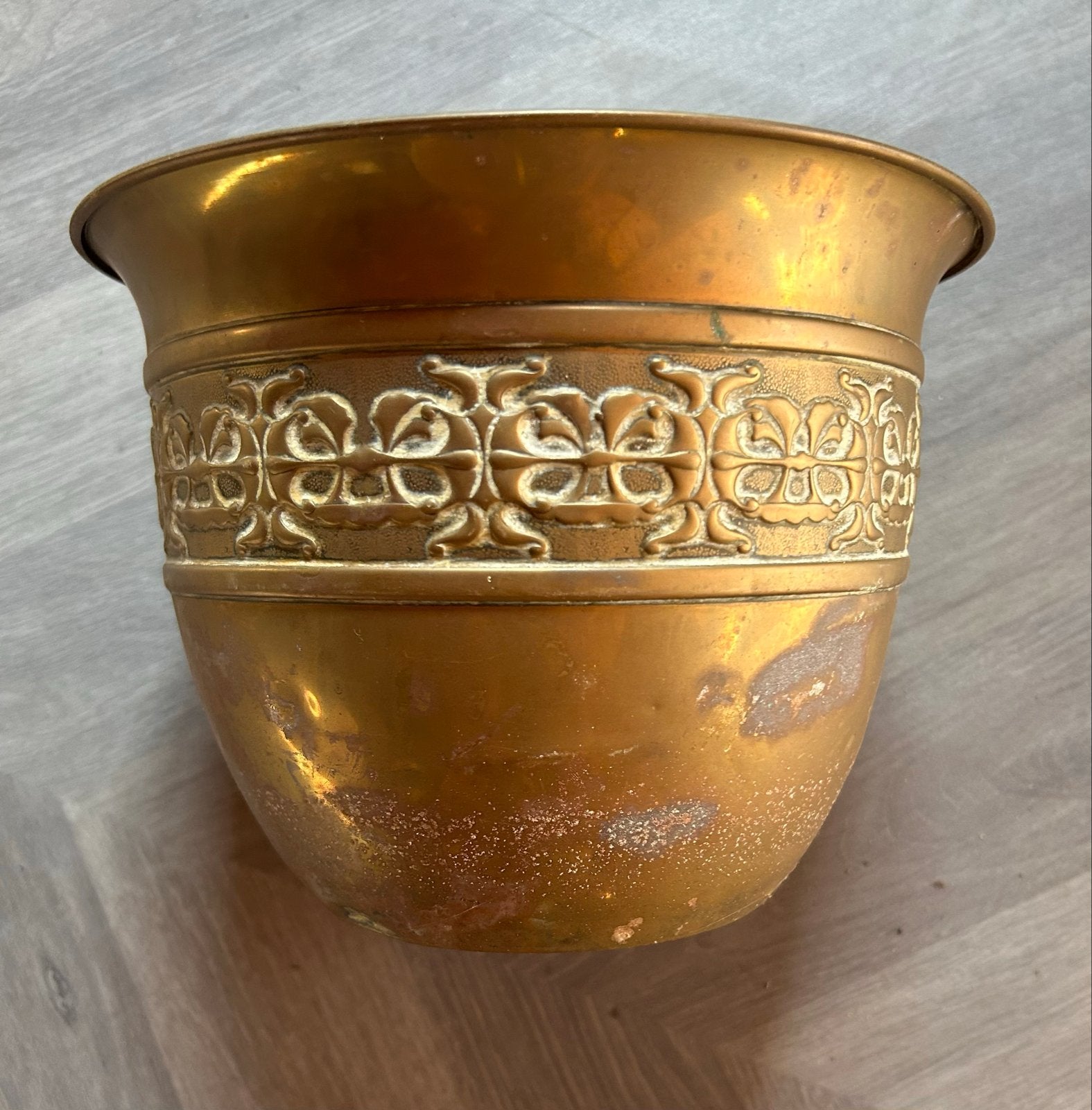 Antieke Messing Bloempot Cachepot Art Nouveau Reliëf, Ophalen of Verzenden