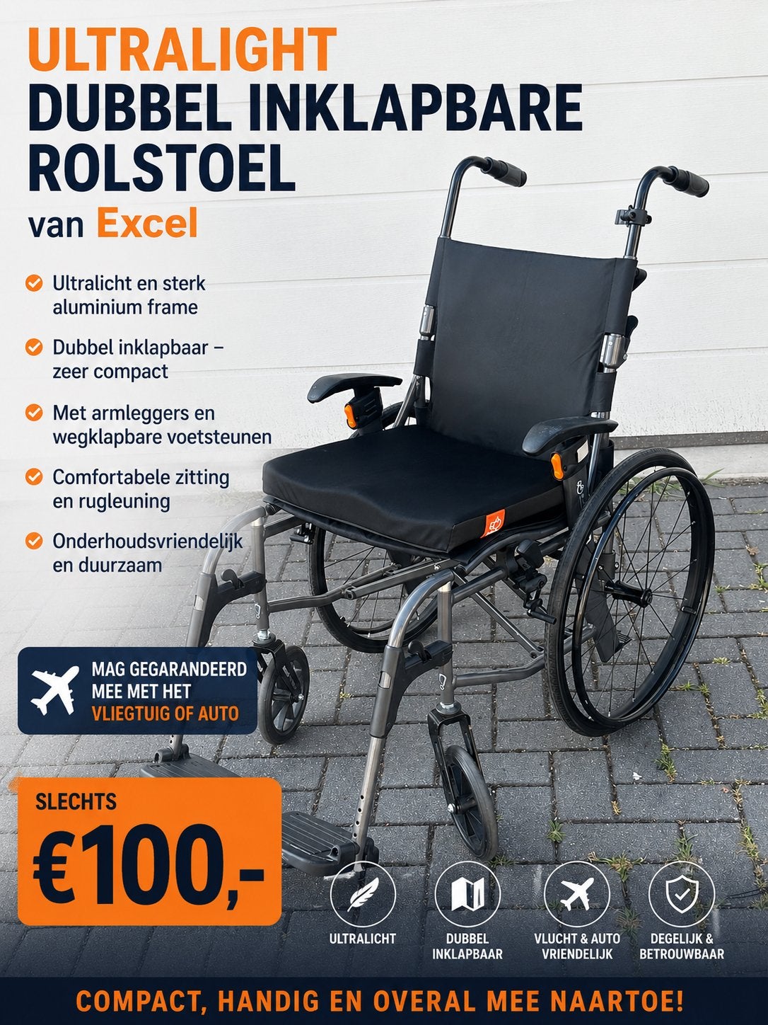 Excel dubbel inklapbare Rolstoel ultralight, Diversen, Rolstoelen, Excel, Meer info ☎️0️⃣6️⃣➖2️⃣0️⃣9️⃣0️⃣1️⃣0️⃣4️⃣0️⃣, Zo goed als nieuw