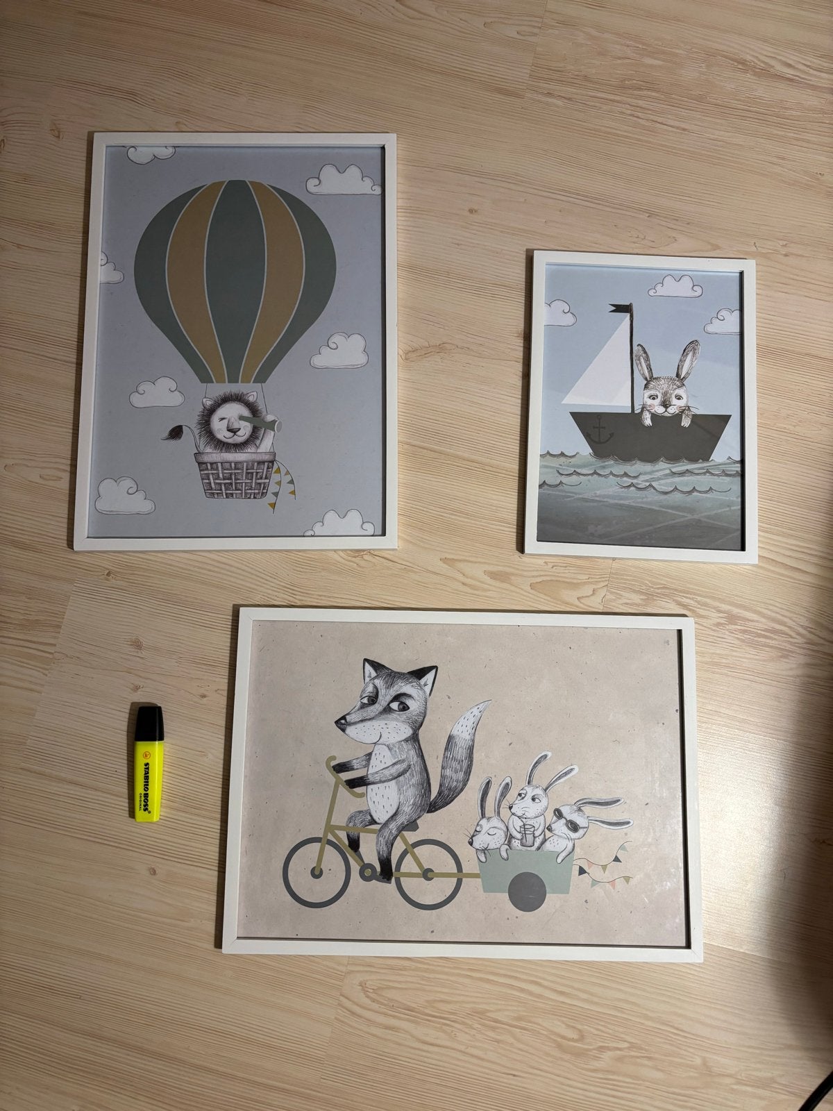 Set van 3 ingelijste kinderposters met dieren, Ophalen, Minder dan 50 cm, Zo goed als nieuw, Foto of Poster