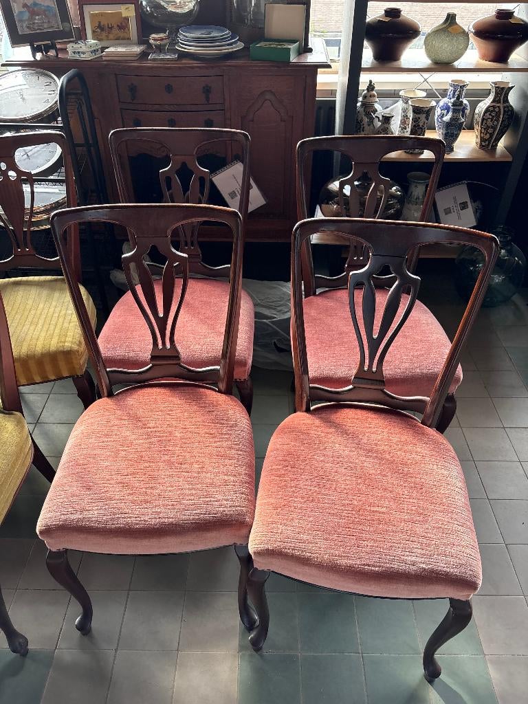 Zalmroze Velvet Houten Vintage Stoelen Queen Anne Stijl