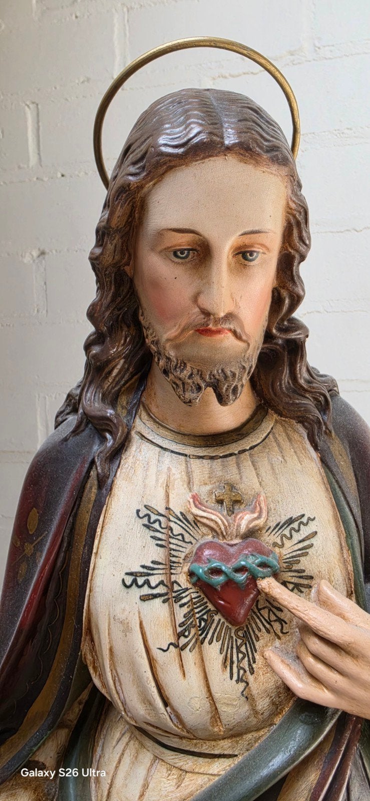 Antiek Heilig Hart Jezus beeld - Handgeschilderd, Ophalen