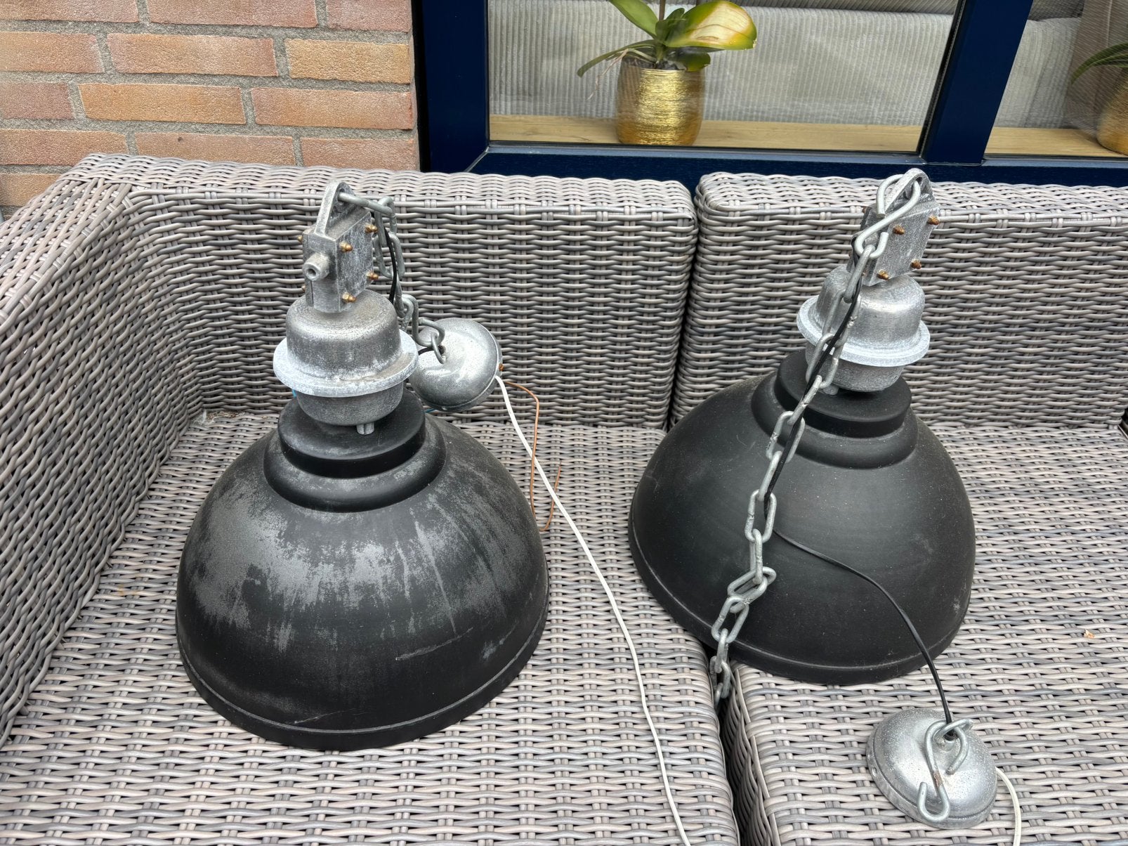 Industriele hanglampen 2 stuks, Ophalen, Gebruikt, E27 (groot), Metaal