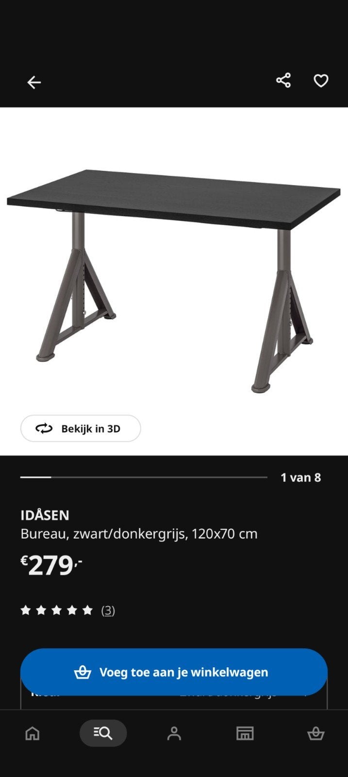 IKEA IDÅSEN Bureau, zwart/donkergrijs, 120x70 cm, Ophalen, Zwart, Metaal, In hoogte verstelbaar