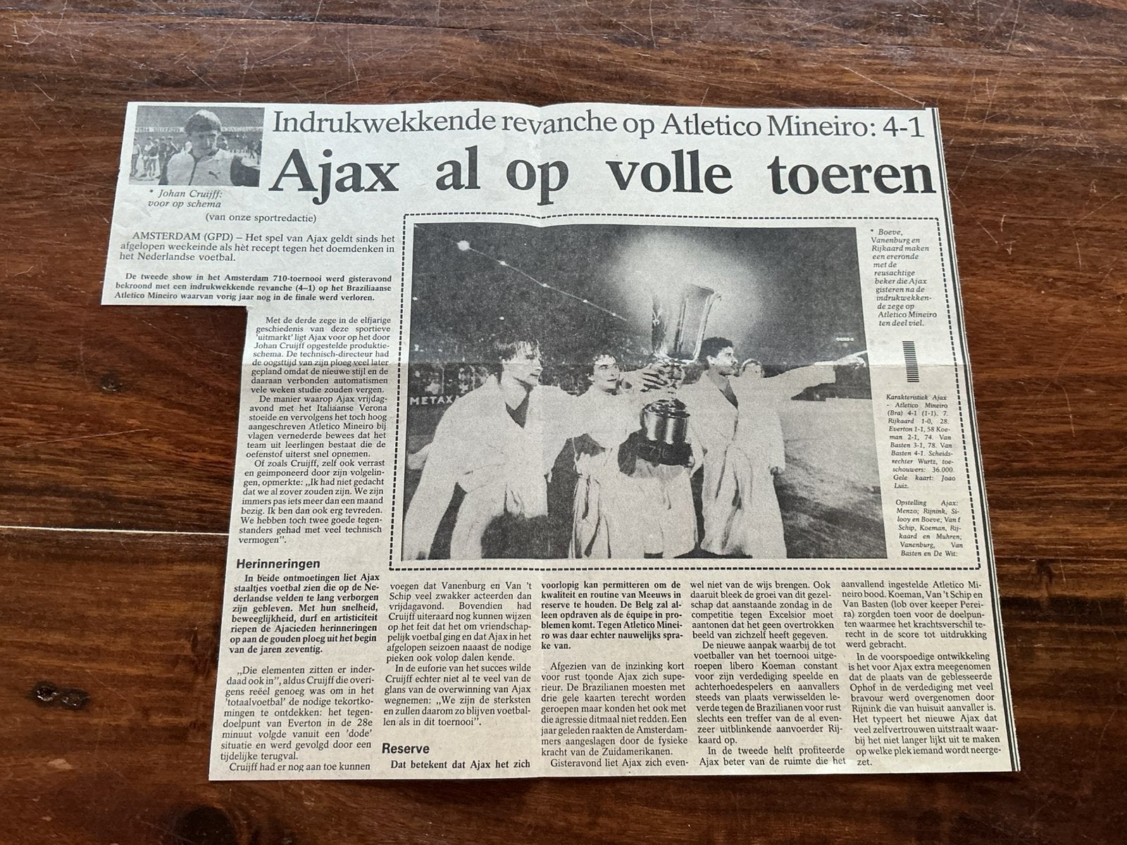 Voetbal krantenartikel Ajax Atletico Mineiro 1985 Cruijff, Ophalen of Verzenden, Knipsel(s)