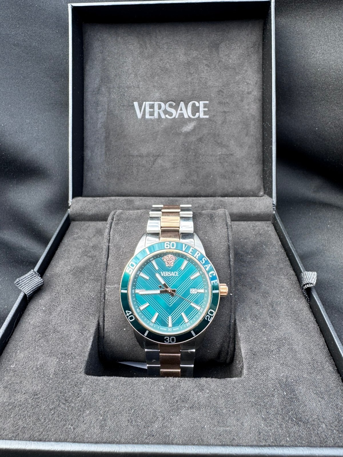 Versace herenhorloge VEYC00624 Groen/Roségoud Complete Set, Ophalen of Verzenden, Zo goed als nieuw, Staal, Overige merken