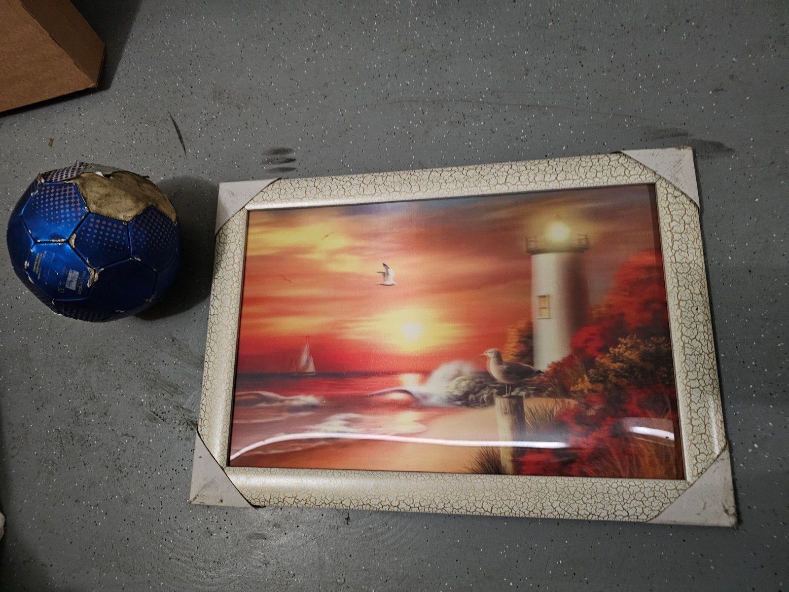 Schilderij zonsondergang met vuurtoren en vogels, 50 – 75, Gebruikt, Ophalen of Verzenden, Schilderij