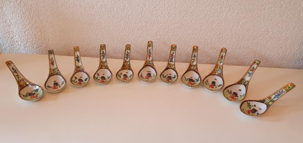 Set van 10 Chinese porseleinen lepels met haan decor, Overige typen, Ophalen of Verzenden, Zo goed als nieuw, Overige stijlen