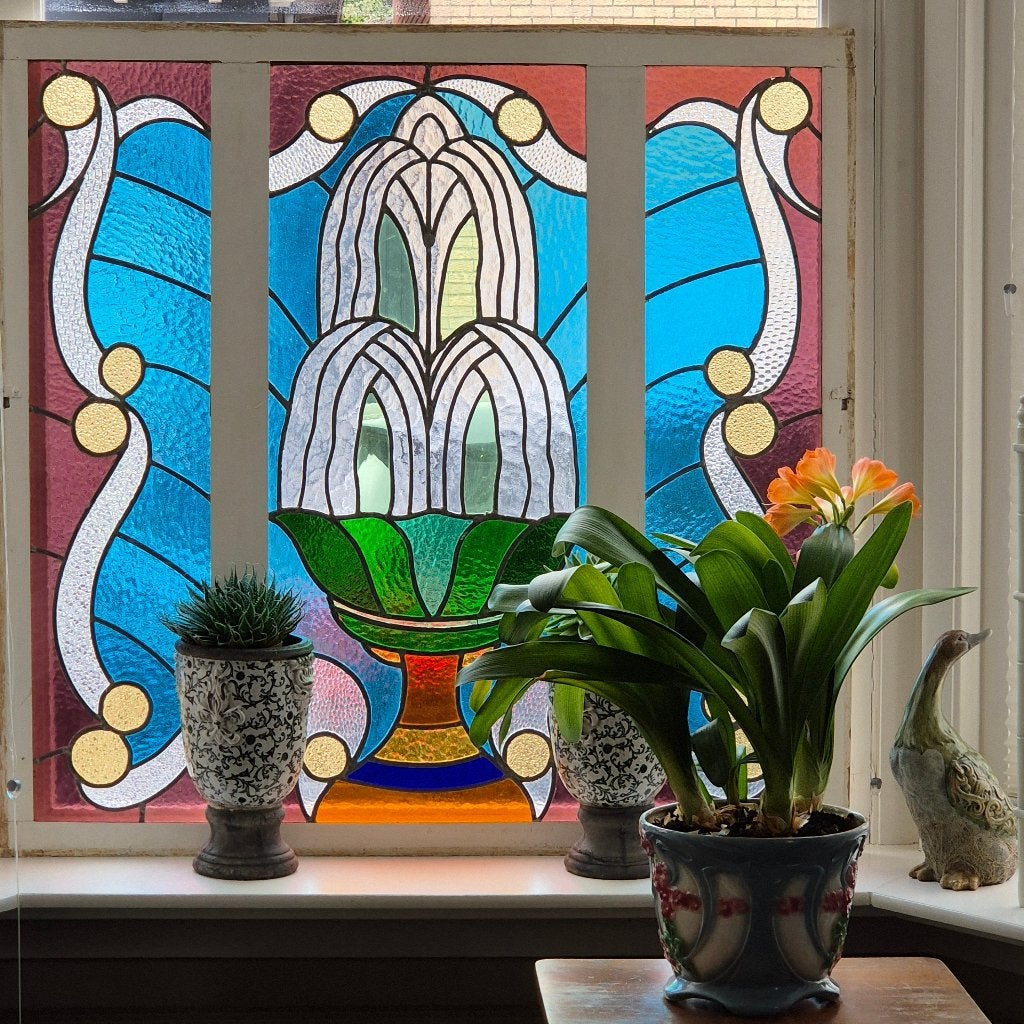 114hx118br Art nouveau glas in lood raam prachtige kleuren, Ophalen